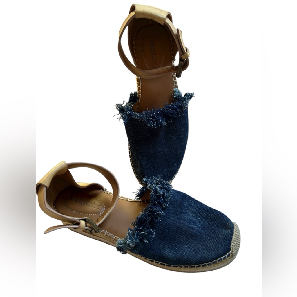See By Chlo Dark Denim Chambray Fringe Tan Leather Sandals 8